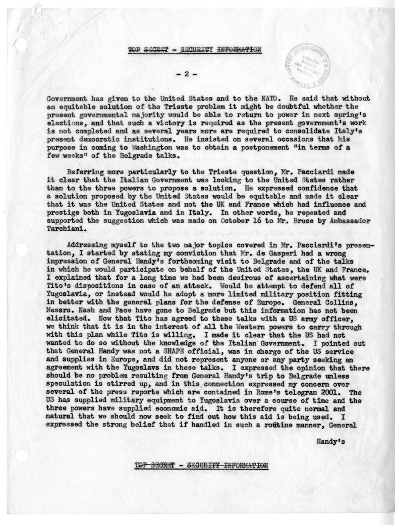 Memorandum of Conversation with Ambassador Alberto Tarchiani of Italy, Minister of National Defense Randolfo Pacciardi of Italy, and Ridgway B. Knight