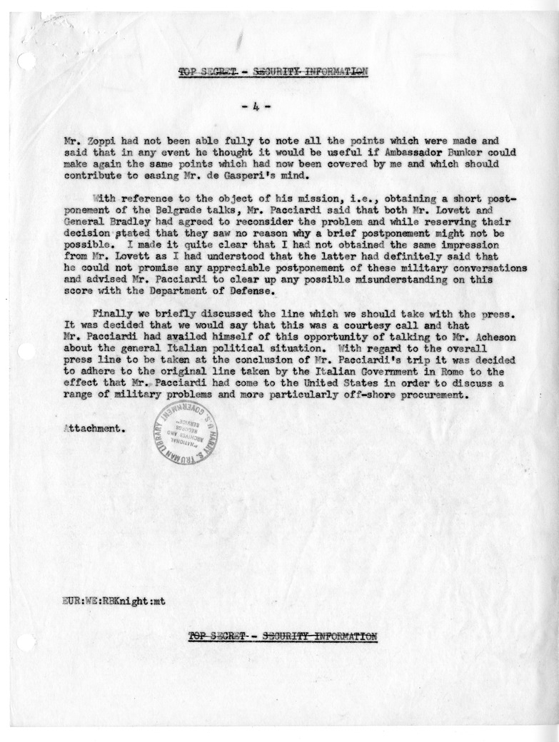 Memorandum of Conversation with Ambassador Alberto Tarchiani of Italy, Minister of National Defense Randolfo Pacciardi of Italy, and Ridgway B. Knight