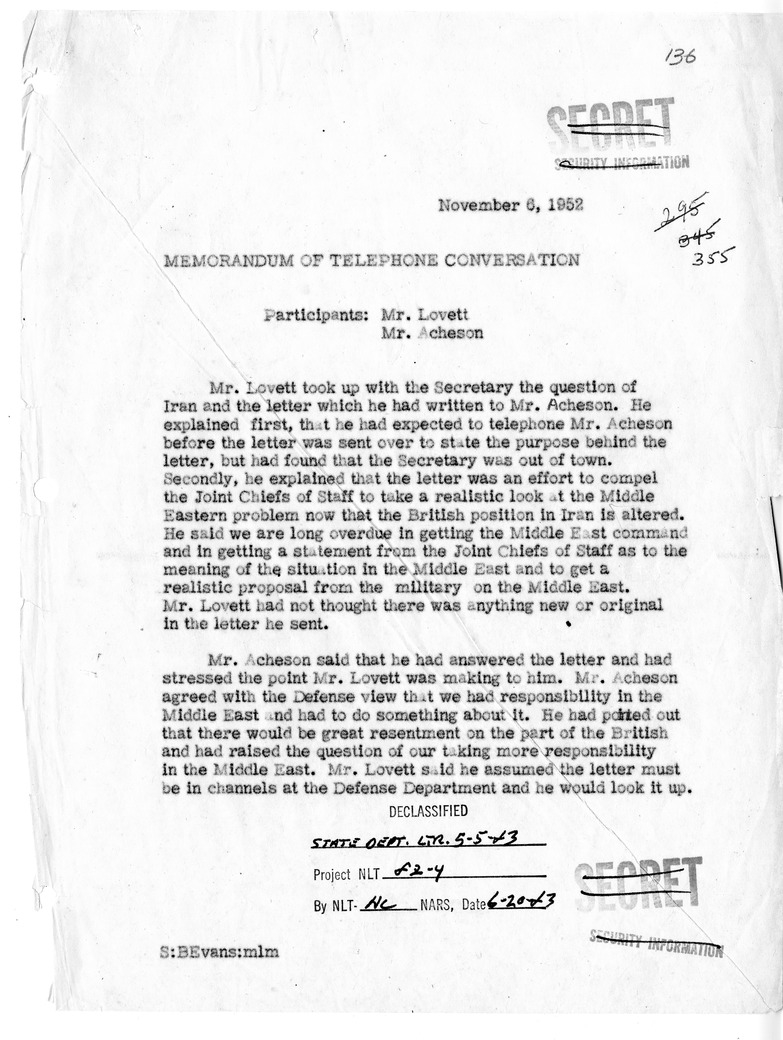 Memorandum of Telephone Conversation with Secretary of Defense Robert Lovett
