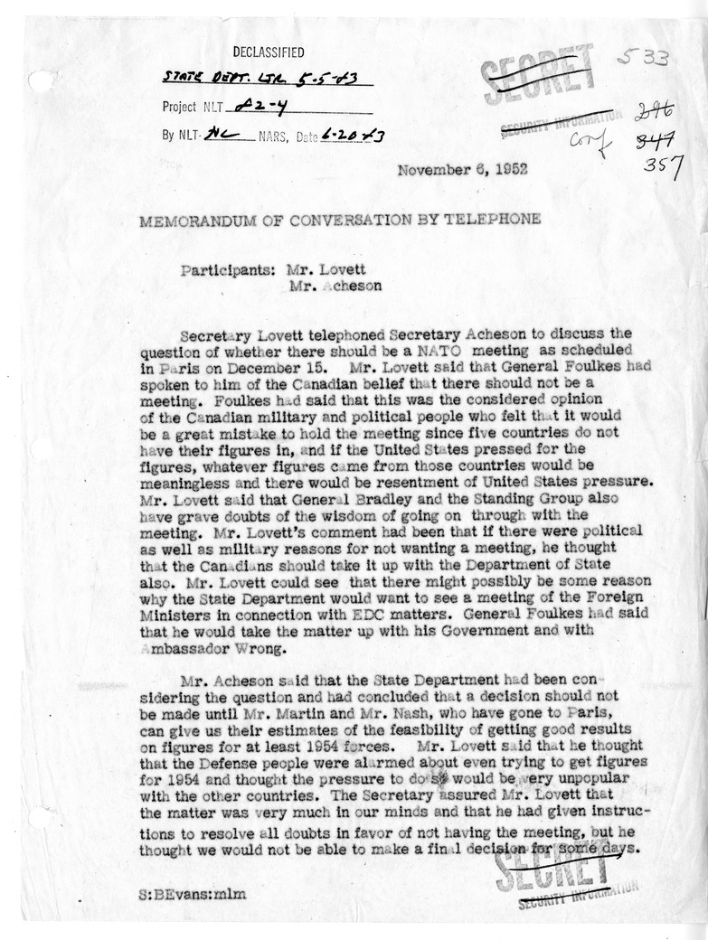 Memorandum of Telephone Conversation with Secretary of Defense Robert Lovett