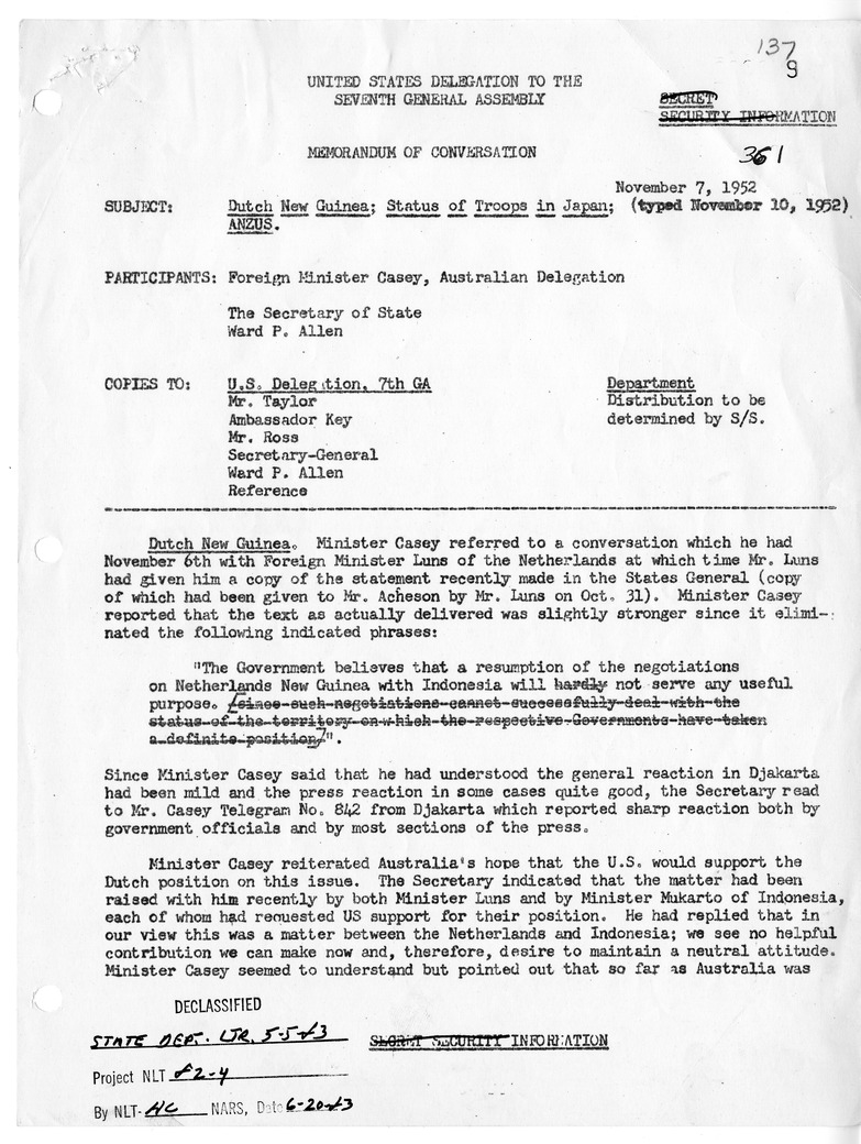Memorandum of Conversation with Foreign Minister Richard G. Casey of Australia and Ward P. Allen