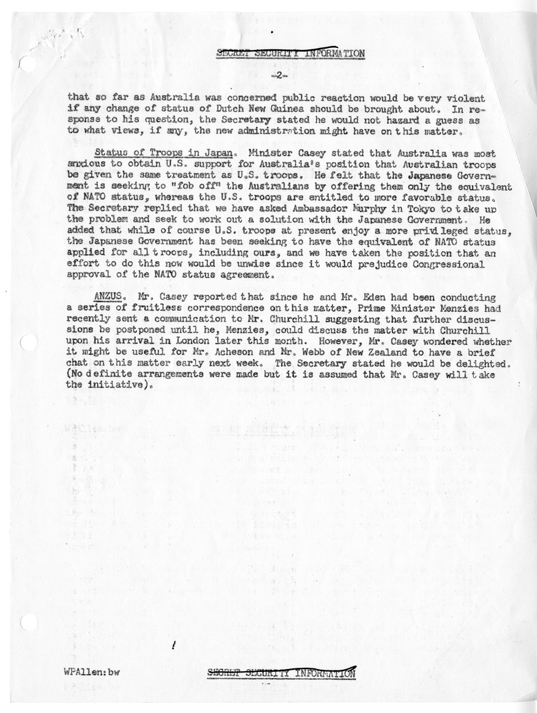 Memorandum of Conversation with Foreign Minister Richard G. Casey of Australia and Ward P. Allen