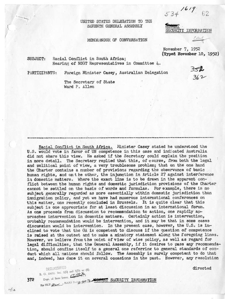 Memorandum of Conversation with Foreign Minister Richard G. Casey of Australia and Ward P. Allen