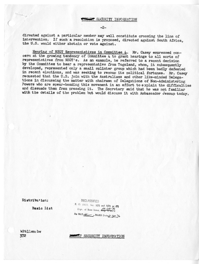 Memorandum of Conversation with Foreign Minister Richard G. Casey of Australia and Ward P. Allen