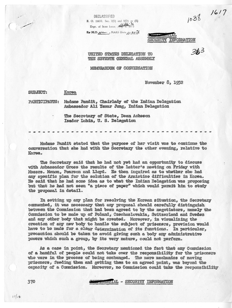 Memorandum of Conversation with Vijaya Lakshmi Pandit, Ambassador Ali Yawar Jung of India, and Isador Lubin