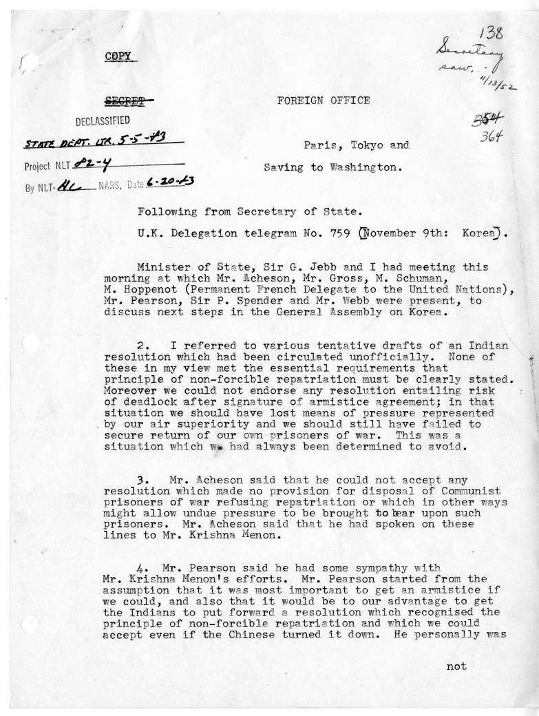 Typed  Copy of Telegram from the United Kingdom Delegation
