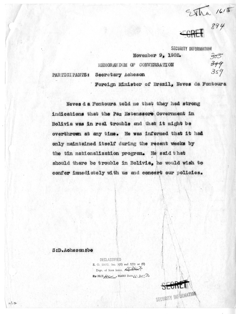 Memorandum of Conversation with Foreign Minister Joao Neves da Fontoura of Brazil