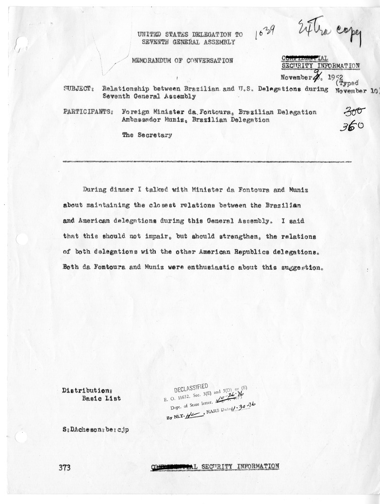 Memorandum of Conversation with Foreign Minister Joao Neves da Fontoura of Brazil and United Nations Representive of Brazil Joao Carlos Muniz