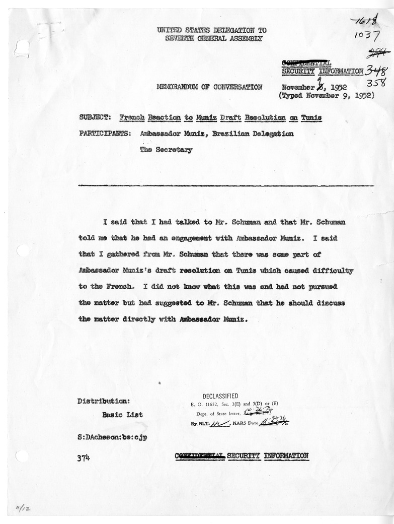 Memorandum of Conversation with United Nations Representive of Brazil Joao Carlos Muniz