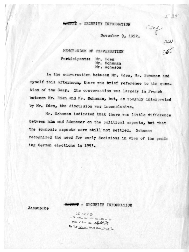 Memorandum of Conversation with Foreign Secretary Anthony Eden of Great Britain and Minister of Foreign Affairs Robert Schuman of France