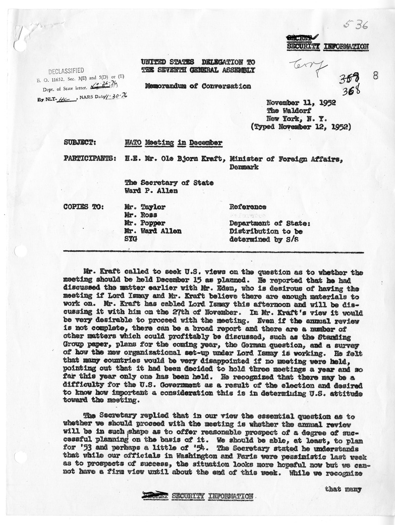 Memorandum of Conversation with Foreign Minister Ole Bjorn Kraft of Denmark and Ward P. Allen