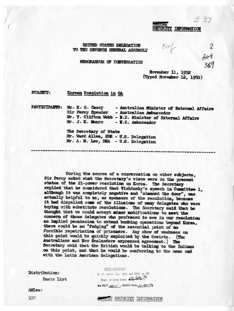 Memorandum of Convesation with Foreign Minister Robert G. Casey of Australia; Ambassador to the United States Sir Percy Spender of Australia; Minister of External Affairs T. Clifton Webb of New Zealand; Ambassador to the United States Leslie K. Munro of N