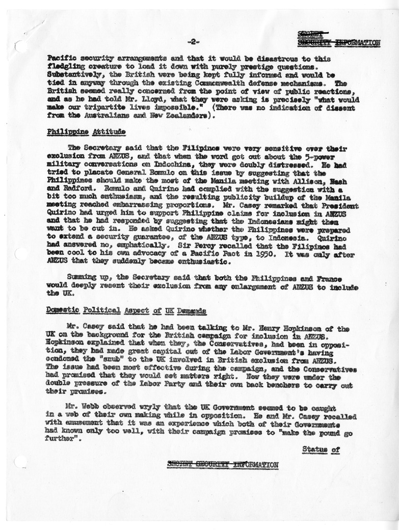 Memorandum of Convesation with Foreign Minister Robert G. Casey of Australia; Ambassador to the United States Sir Percy Spender of Australia; Minister of External Affairs T. Clifton Webb of New Zealand; Ambassador to the United States Leslie K. Munro of N
