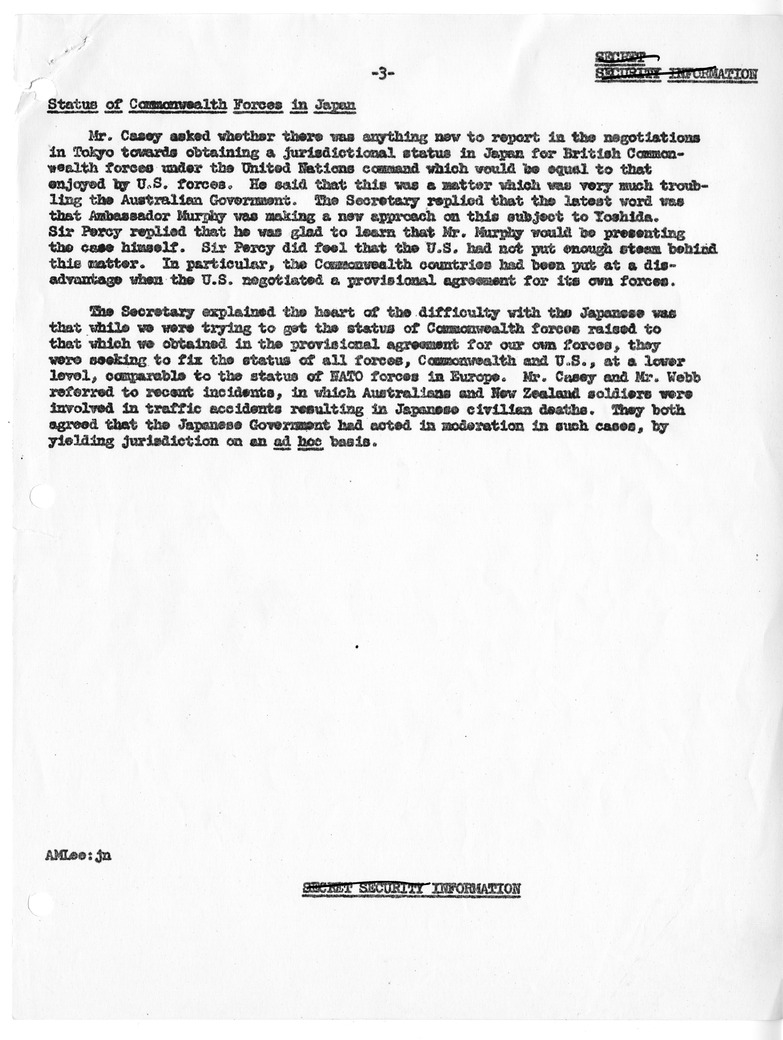 Memorandum of Convesation with Foreign Minister Robert G. Casey of Australia; Ambassador to the United States Sir Percy Spender of Australia; Minister of External Affairs T. Clifton Webb of New Zealand; Ambassador to the United States Leslie K. Munro of N