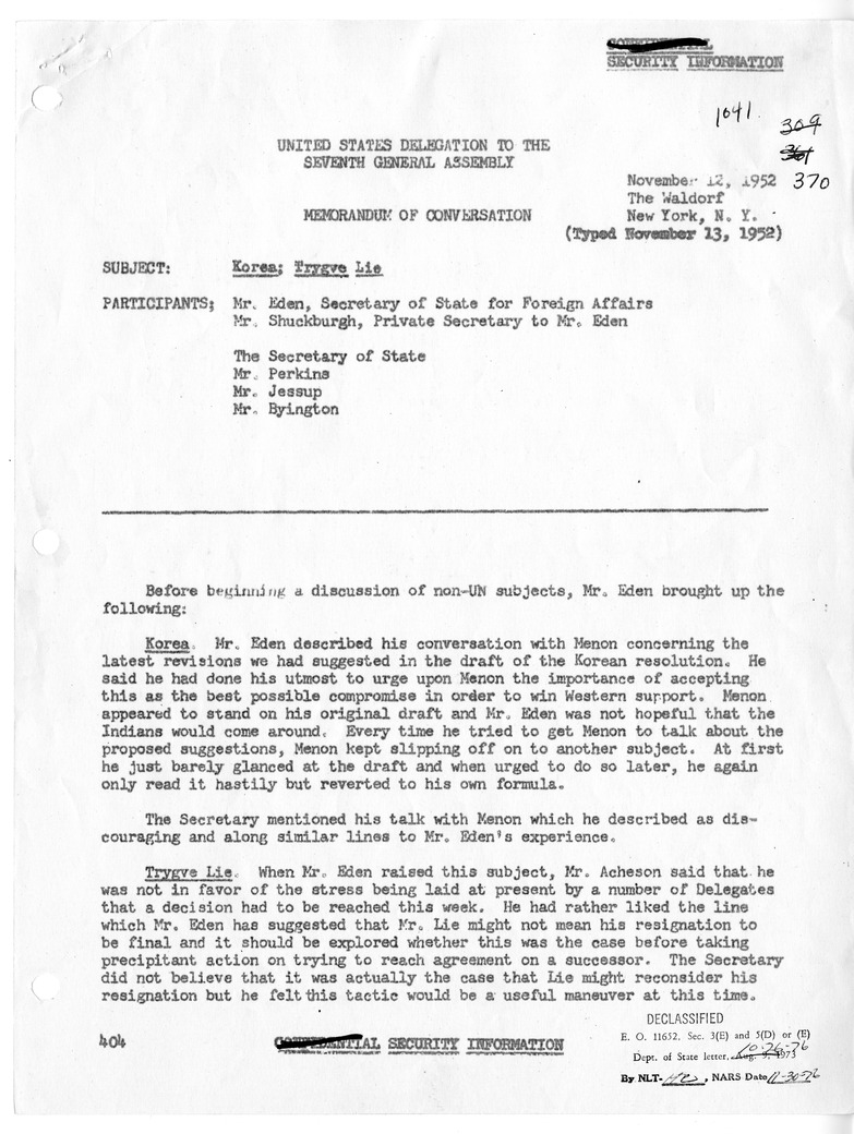 Memorandum of Conversation with Foreign Secretary Anthony Eden of Great Britain