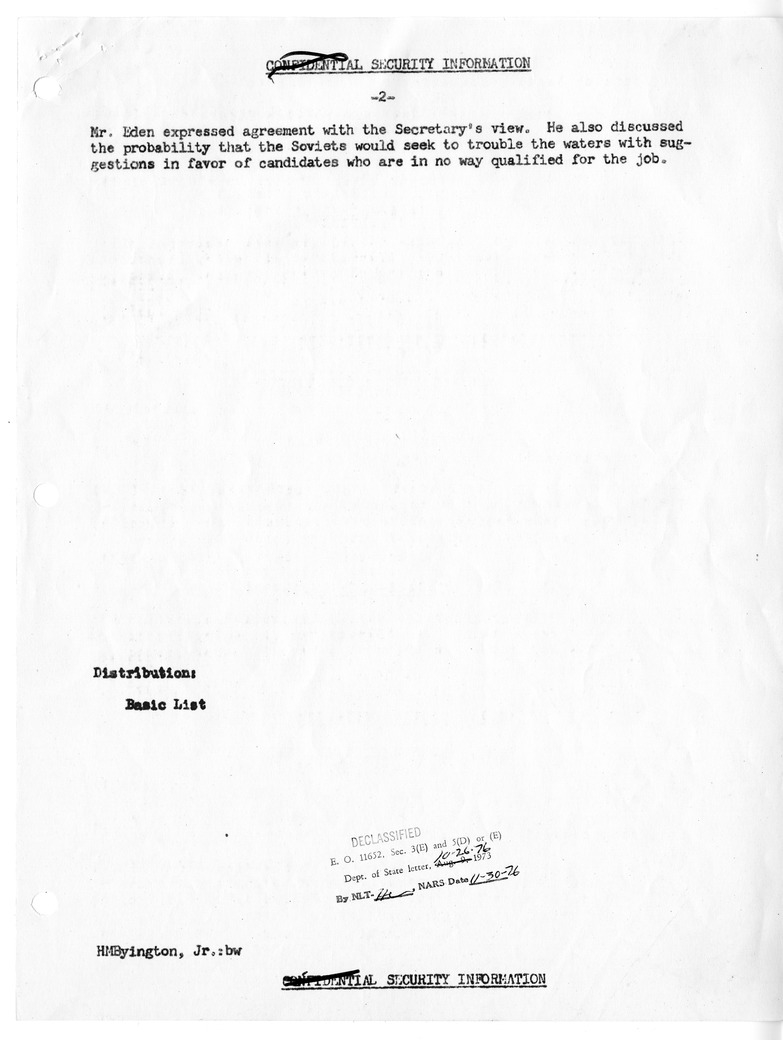 Memorandum of Conversation with Foreign Secretary Anthony Eden of Great Britain