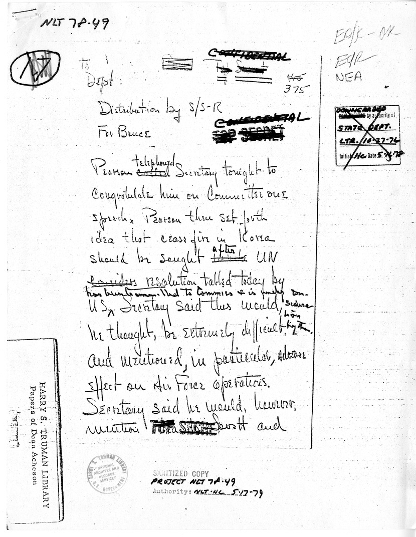 Handwritten Note to Under Secretary David Bruce, with Attached Memorandum of Conversation