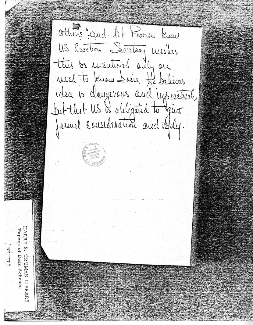 Handwritten Note to Under Secretary David Bruce, with Attached Memorandum of Conversation