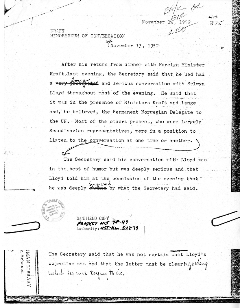 Handwritten Note to Under Secretary David Bruce, with Attached Memorandum of Conversation