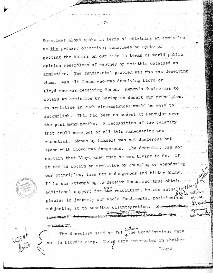 Handwritten Note to Under Secretary David Bruce, with Attached Memorandum of Conversation