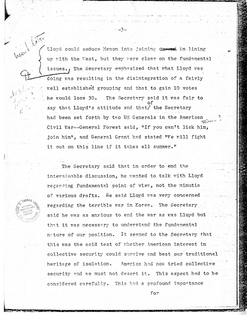 Handwritten Note to Under Secretary David Bruce, with Attached Memorandum of Conversation