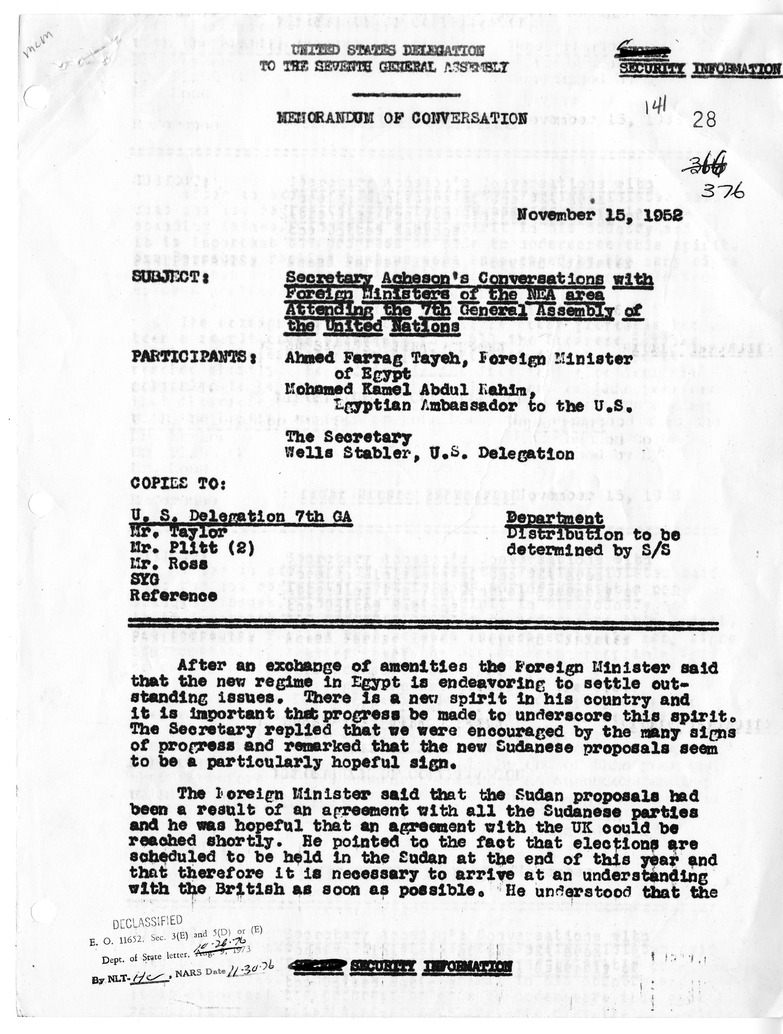 Memorandum of Conversation with Foreign Minister Ahmed Farreg Tayeh of Egypt, Ambassador Mohamed Kamel Abdul Kahim of Egypt, and Wells Stabler