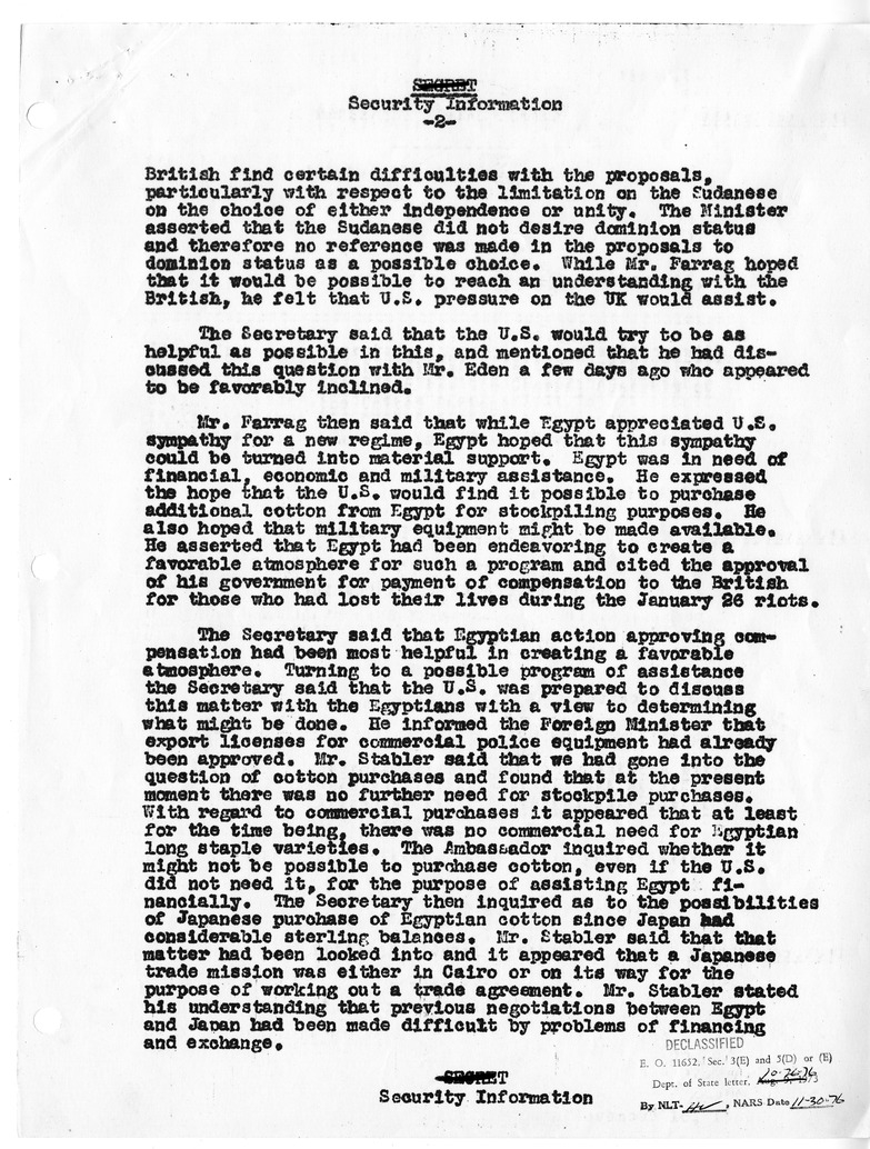 Memorandum of Conversation with Foreign Minister Ahmed Farreg Tayeh of Egypt, Ambassador Mohamed Kamel Abdul Kahim of Egypt, and Wells Stabler
