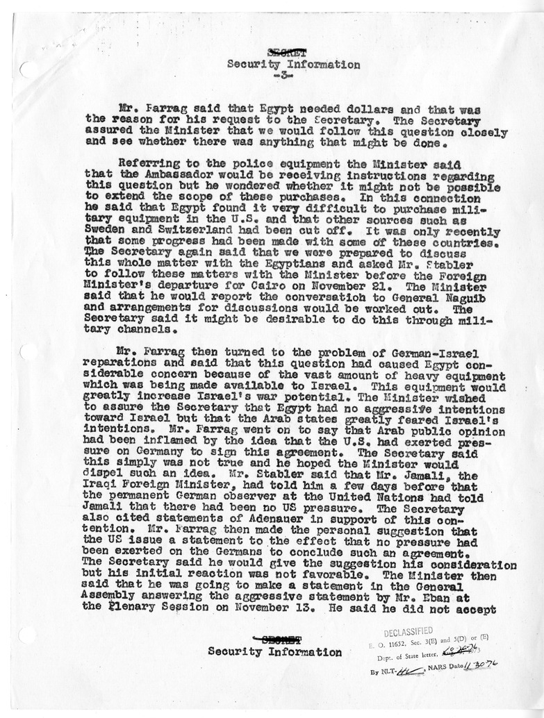 Memorandum of Conversation with Foreign Minister Ahmed Farreg Tayeh of Egypt, Ambassador Mohamed Kamel Abdul Kahim of Egypt, and Wells Stabler