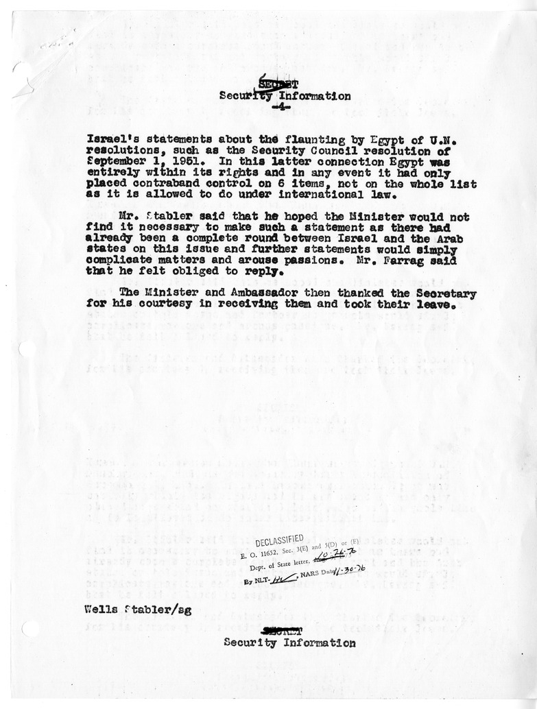 Memorandum of Conversation with Foreign Minister Ahmed Farreg Tayeh of Egypt, Ambassador Mohamed Kamel Abdul Kahim of Egypt, and Wells Stabler