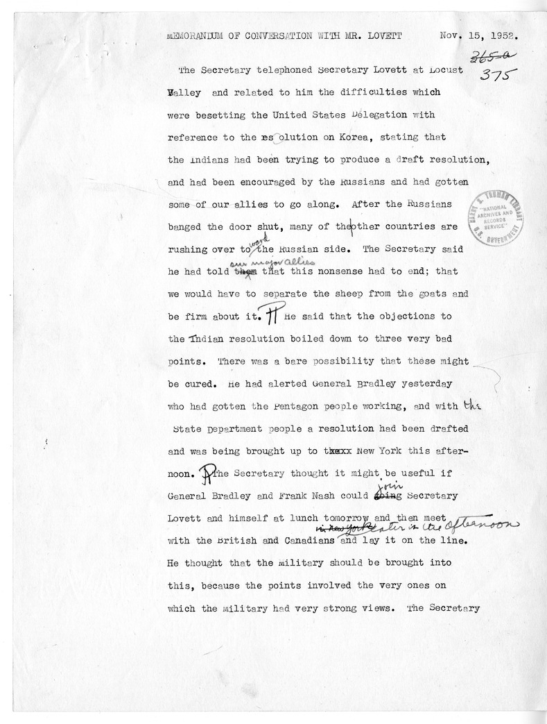 Memorandum of Telephone Conversation with Secretary of Defense Robert Lovett
