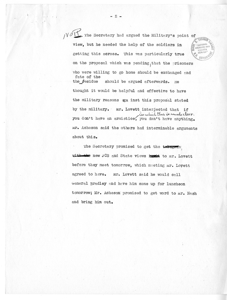 Memorandum of Telephone Conversation with Secretary of Defense Robert Lovett