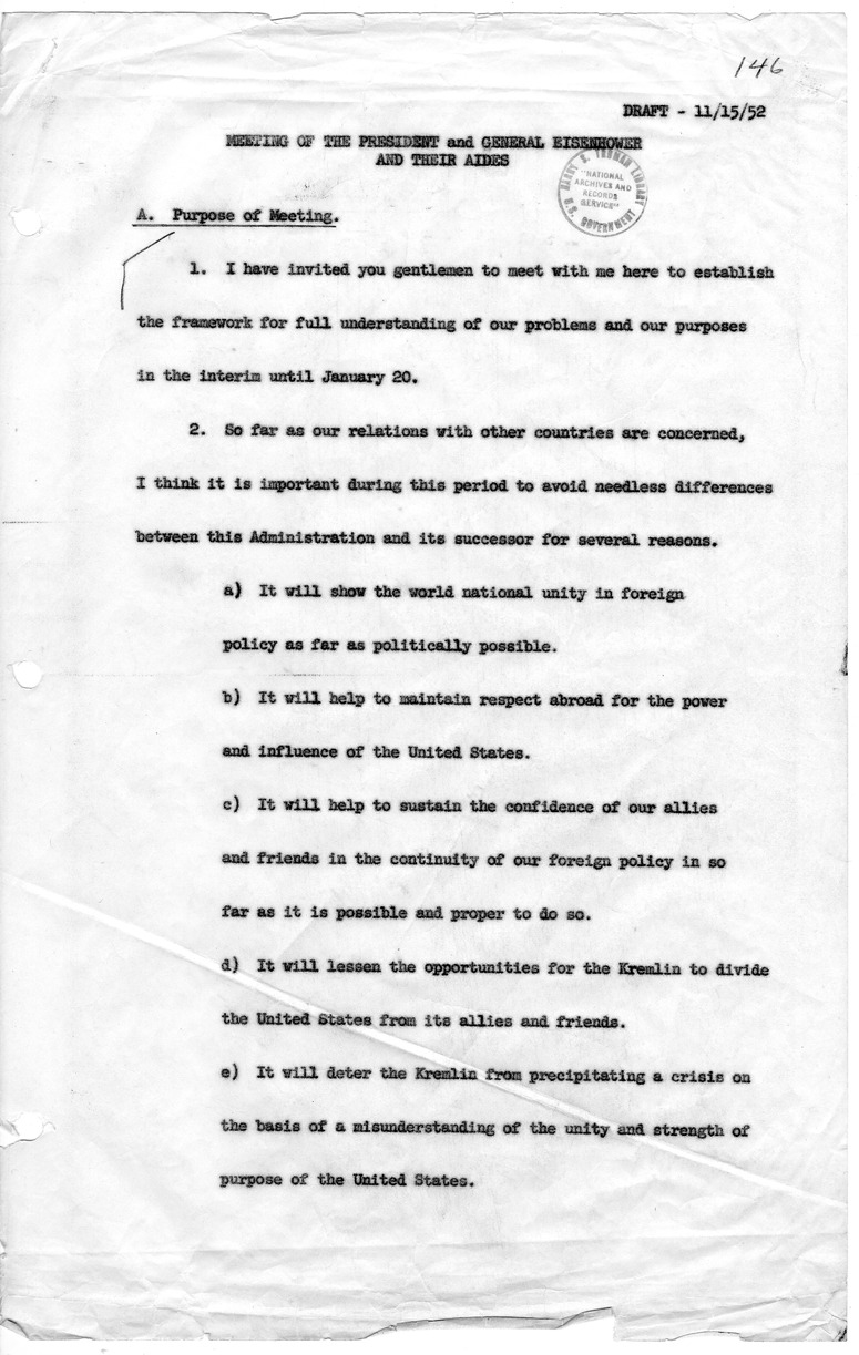 Draft of Notes for Meeting with President Harry S. Truman and President-Elect Dwight D. Eisenhower