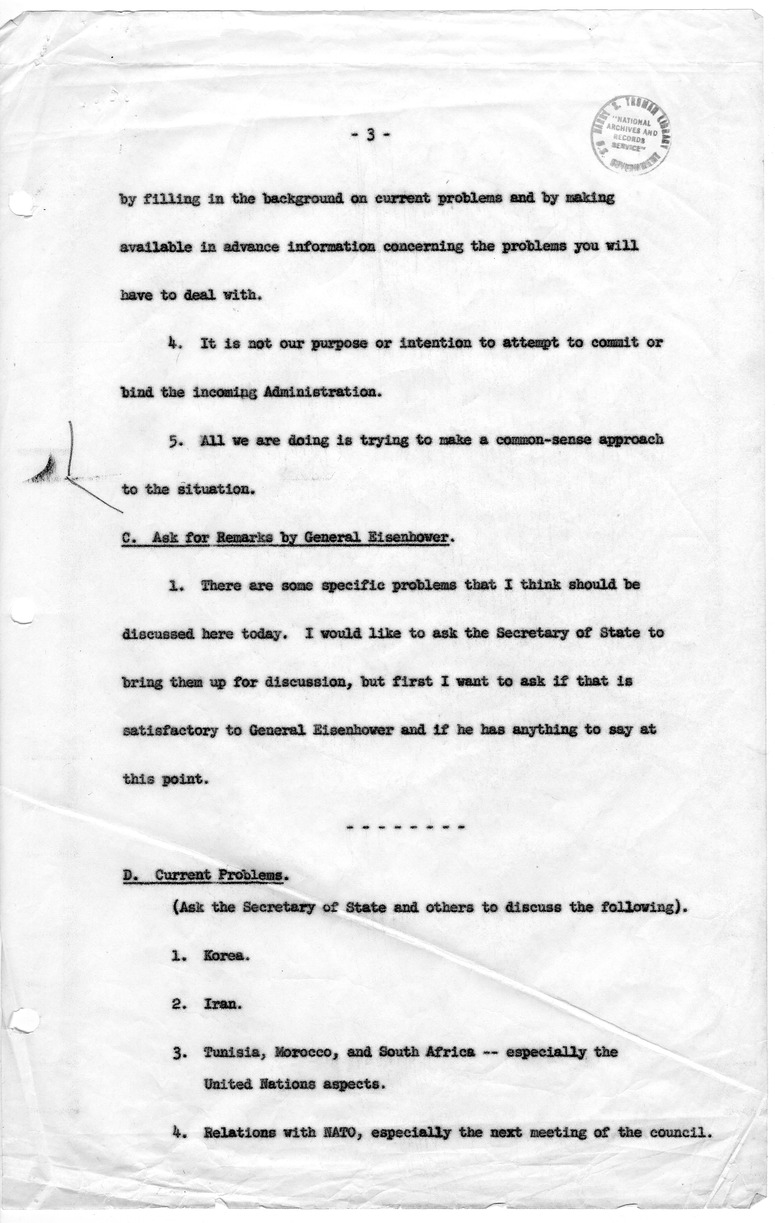 Draft of Notes for Meeting with President Harry S. Truman and President-Elect Dwight D. Eisenhower