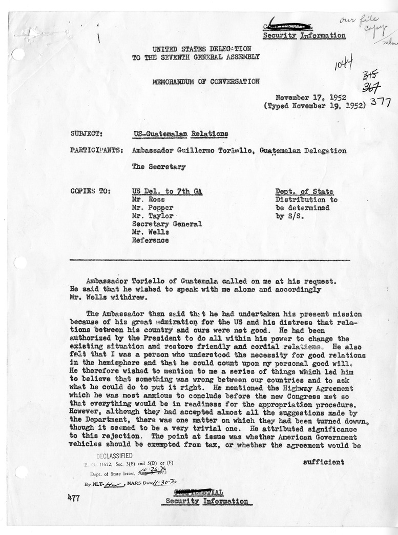 Memorandum of Conversation with Ambassador Guillermo Toriello-Garredo of Guatemala