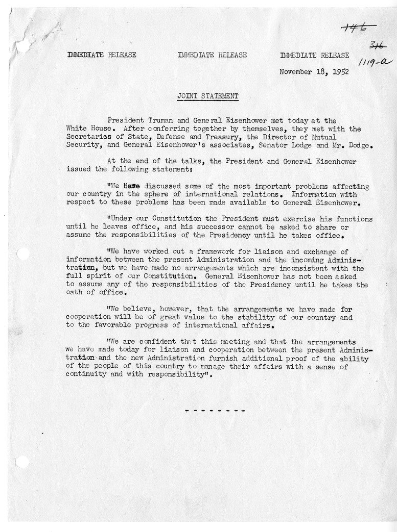 White House Press Release, Joint Statement of President Harry S. Truman and President-elect Dwight D. Eisenhower, with Attachments