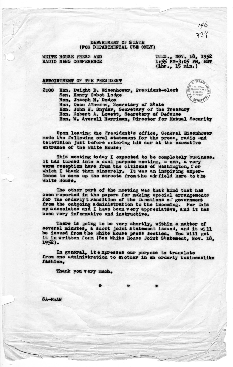 Joint Statement of President Harry S. Truman and President-Elect Dwight D. Eisenhower
