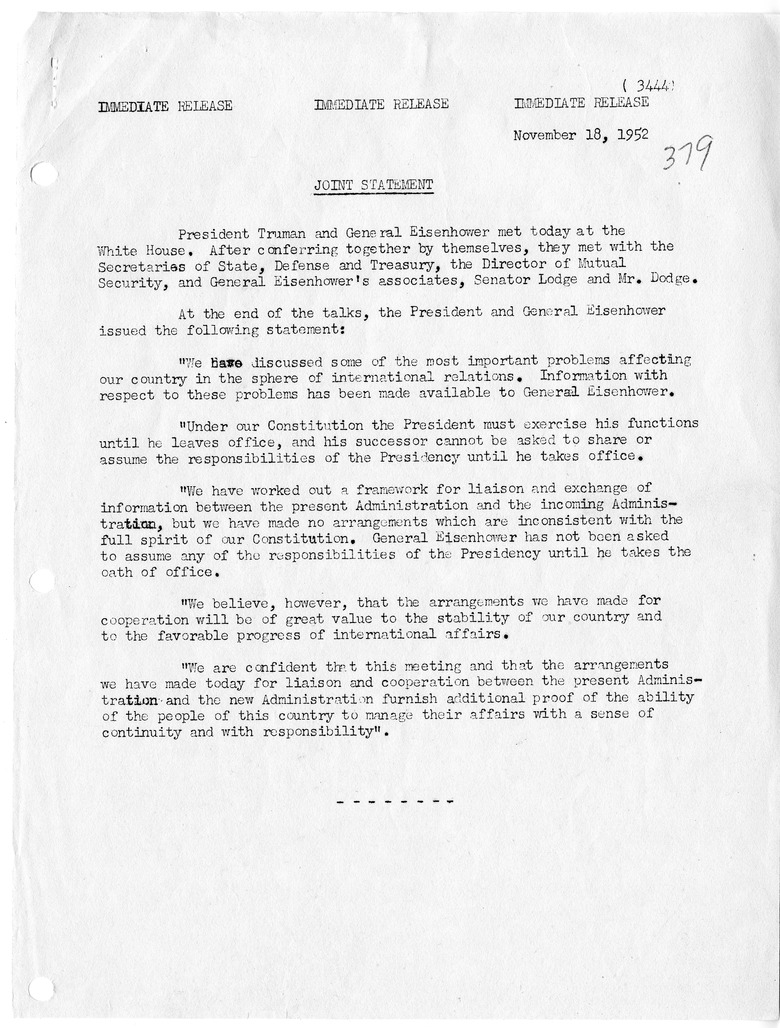 Joint Statement of President Harry S. Truman and President-Elect Dwight D. Eisenhower