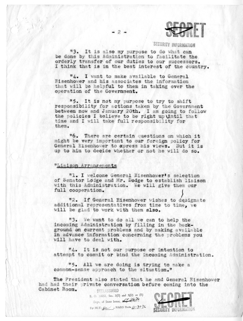 Memorandum of Meeting with President Harry S. Truman, Secretary of the Treasury John Snyder, Secretary of Defense Robert Lovett, Averell Harriman, and President-Elect Dwight D. Eisenhower, Senator Henry Cabot Lodge, and Joseph M. Dodge