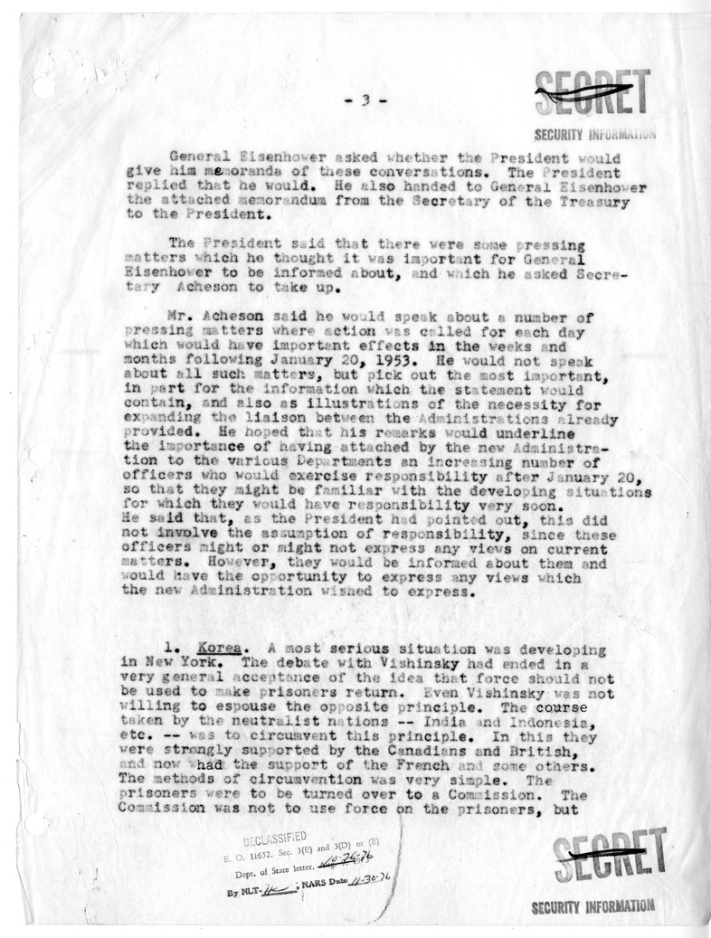 Memorandum of Meeting with President Harry S. Truman, Secretary of the Treasury John Snyder, Secretary of Defense Robert Lovett, Averell Harriman, and President-Elect Dwight D. Eisenhower, Senator Henry Cabot Lodge, and Joseph M. Dodge