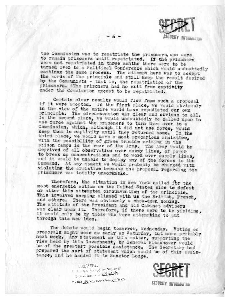 Memorandum of Meeting with President Harry S. Truman, Secretary of the Treasury John Snyder, Secretary of Defense Robert Lovett, Averell Harriman, and President-Elect Dwight D. Eisenhower, Senator Henry Cabot Lodge, and Joseph M. Dodge