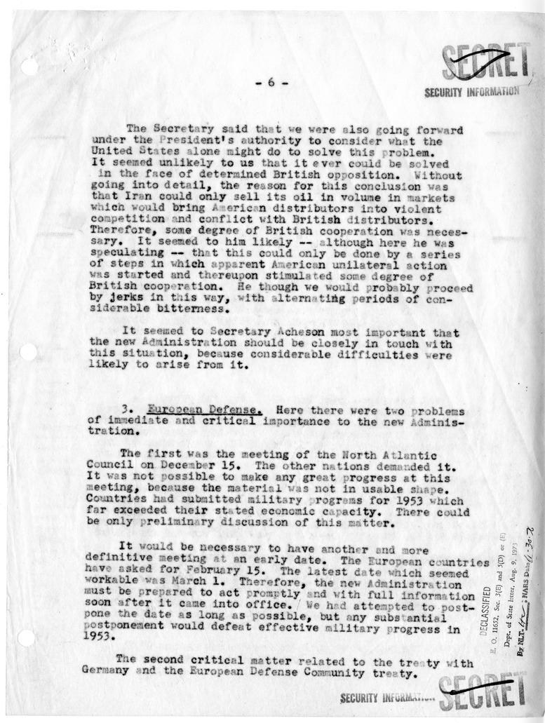 Memorandum of Meeting with President Harry S. Truman, Secretary of the Treasury John Snyder, Secretary of Defense Robert Lovett, Averell Harriman, and President-Elect Dwight D. Eisenhower, Senator Henry Cabot Lodge, and Joseph M. Dodge