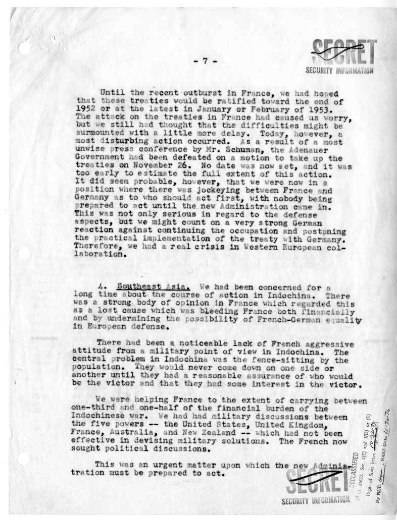 Memorandum of Meeting with President Harry S. Truman, Secretary of the Treasury John Snyder, Secretary of Defense Robert Lovett, Averell Harriman, and President-Elect Dwight D. Eisenhower, Senator Henry Cabot Lodge, and Joseph M. Dodge