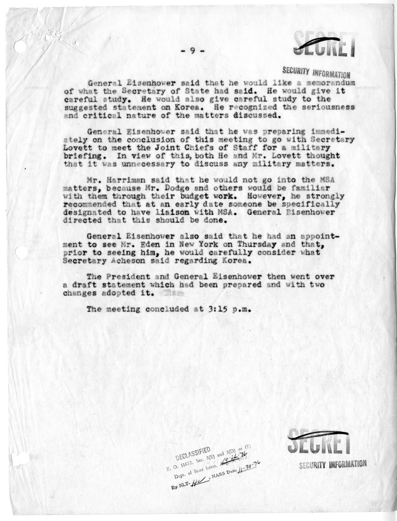 Memorandum of Meeting with President Harry S. Truman, Secretary of the Treasury John Snyder, Secretary of Defense Robert Lovett, Averell Harriman, and President-Elect Dwight D. Eisenhower, Senator Henry Cabot Lodge, and Joseph M. Dodge