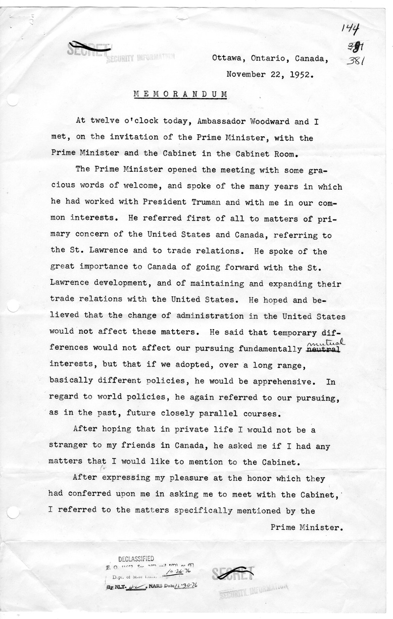 Memorandum of Conversation with Prime Minister of Canada Lester Pearson, United States Ambassador to Canada Stanley Woodward, and the Canadian Cabinet
