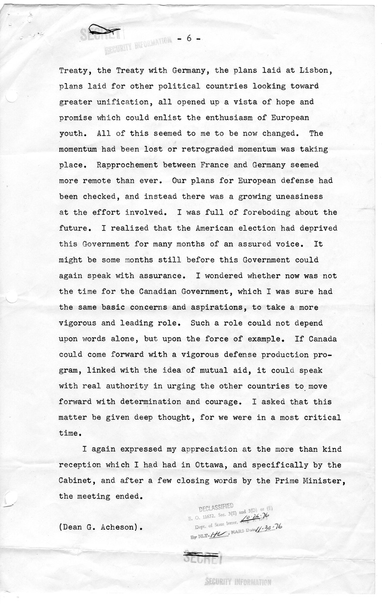 Memorandum of Conversation with Prime Minister of Canada Lester Pearson, United States Ambassador to Canada Stanley Woodward, and the Canadian Cabinet