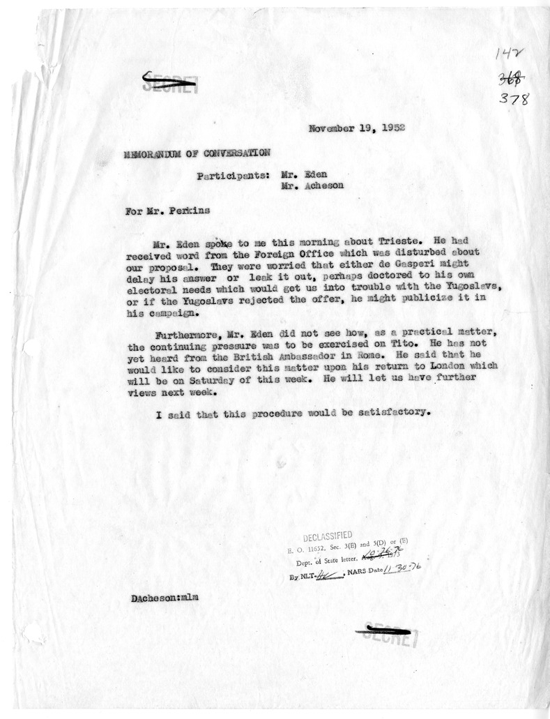 Memorandum of Conversation with Foreign Secretary Anthony Eden of Great Britain