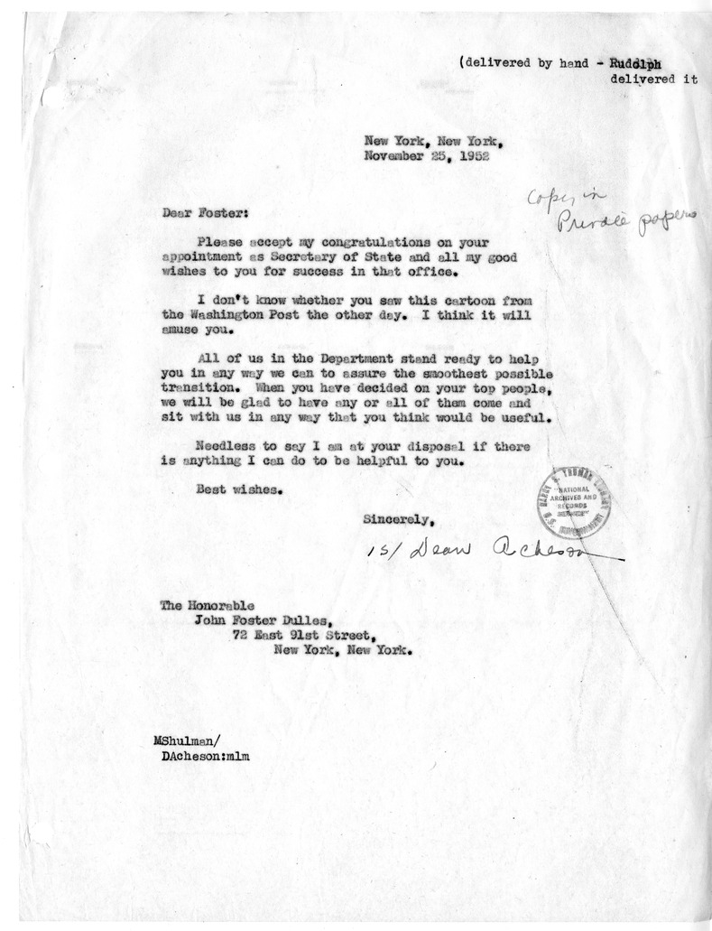 Letter from Dean Acheson to John Foster Dulles