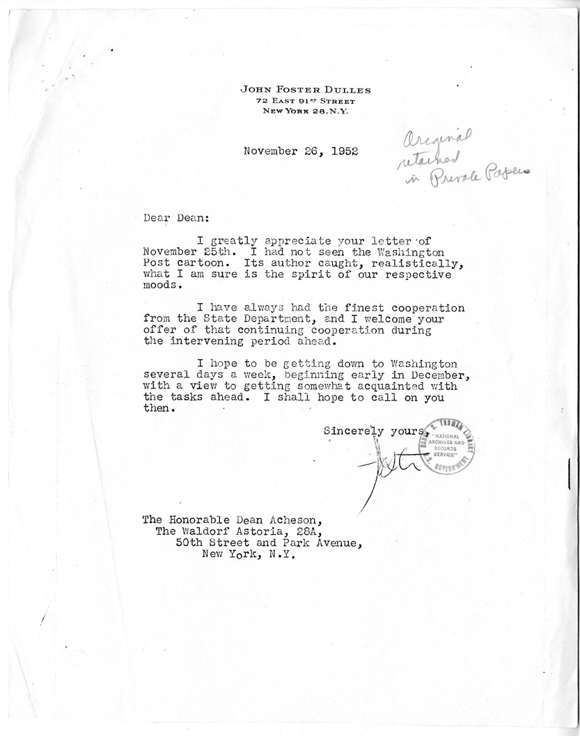Letter from John Foster Dulles to Dean Acheson