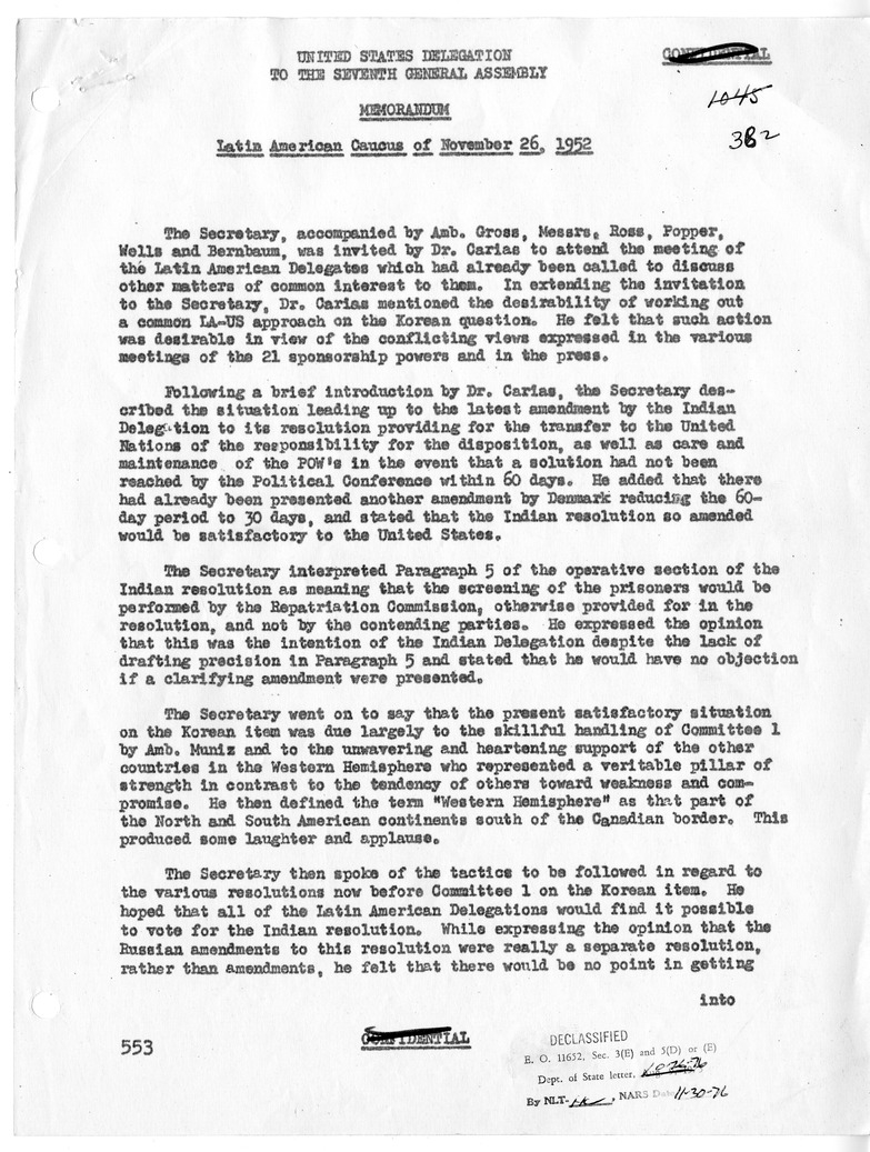 Memorandum of Meeting of the Latin American Caucus at the Seventh Meeting of the United Nations General Assembly
