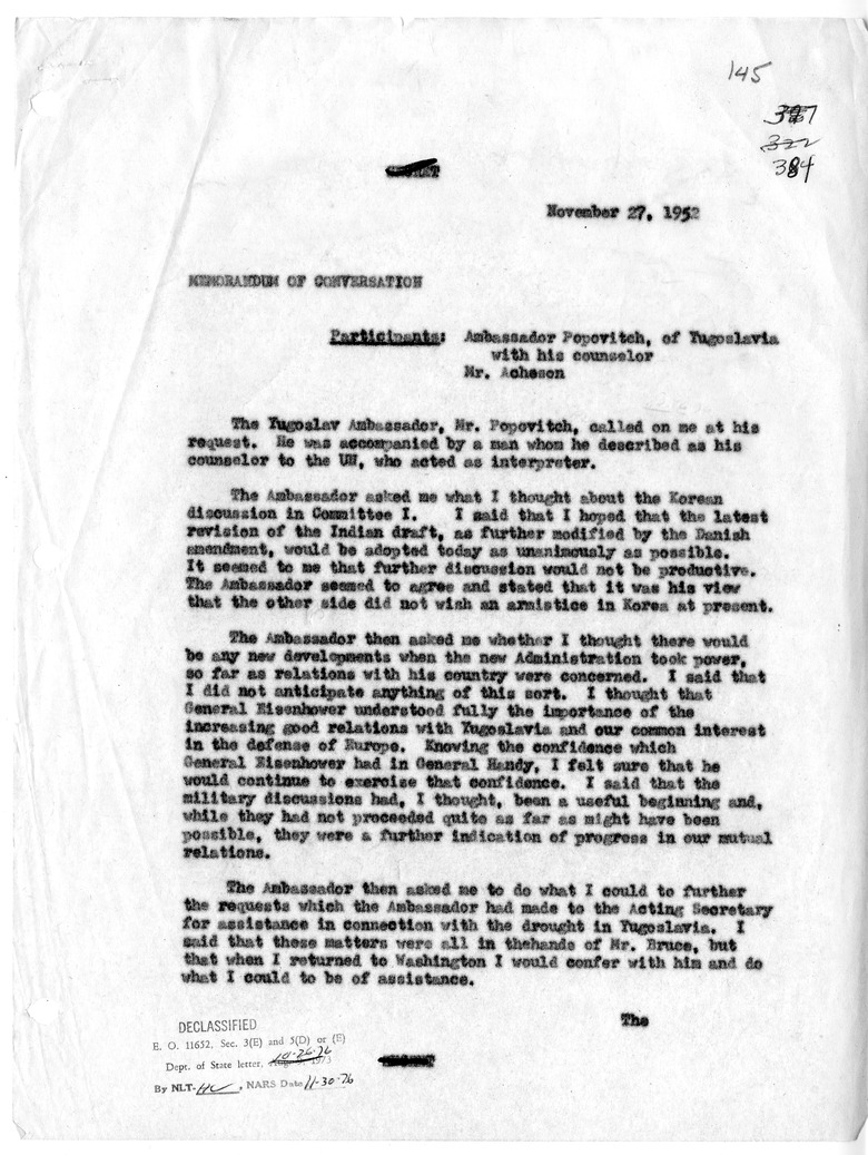 Memorandum of Conversation with Ambassador Vladmir Popovic of Yugoslavia